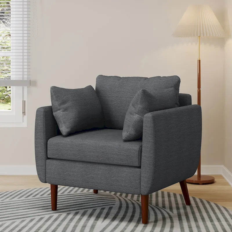 Upholstered Club Chair with Removable Accent Pillows and Walnut Wood Legs
