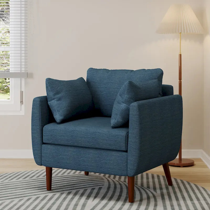 Upholstered Club Chair with Removable Accent Pillows and Walnut Wood Legs