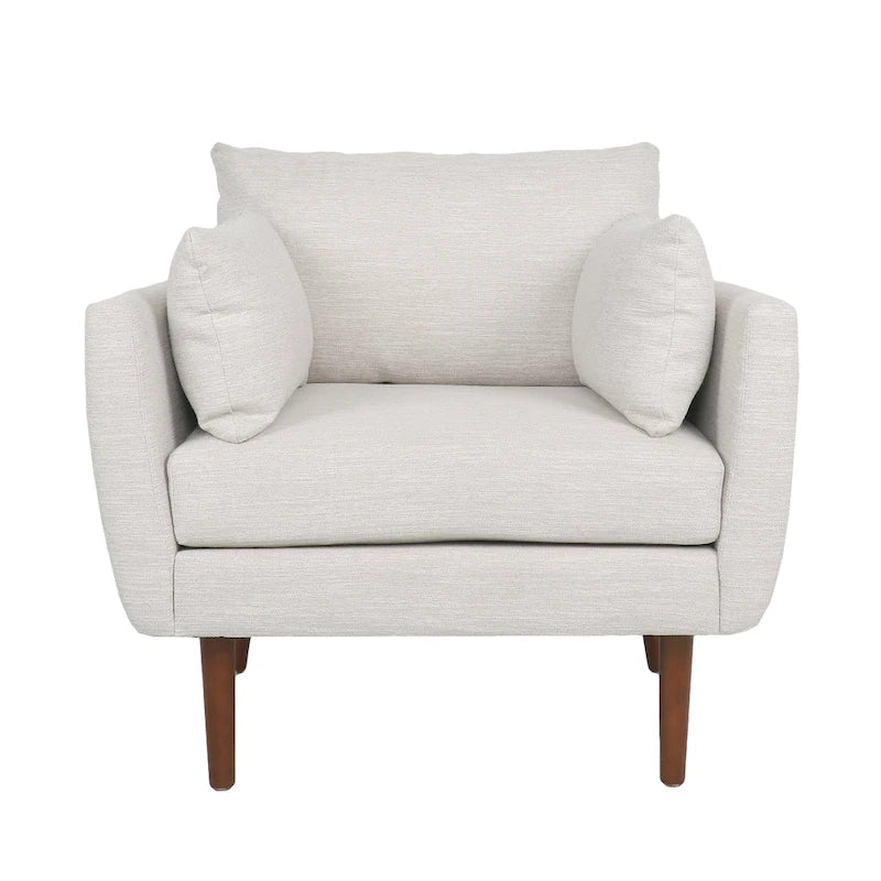 Upholstered Club Chair with Removable Accent Pillows and Walnut Wood Legs