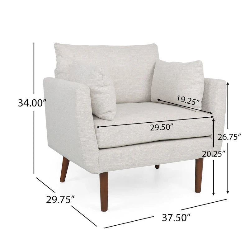 Upholstered Club Chair with Removable Accent Pillows and Walnut Wood Legs