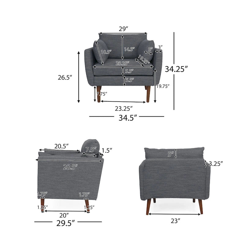 Upholstered Club Chair with Removable Accent Pillows and Walnut Wood Legs