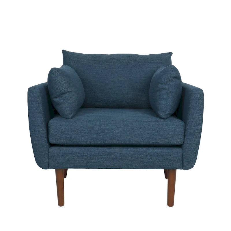 Upholstered Club Chair with Removable Accent Pillows and Walnut Wood Legs