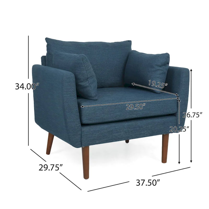 Upholstered Club Chair with Removable Accent Pillows and Walnut Wood Legs