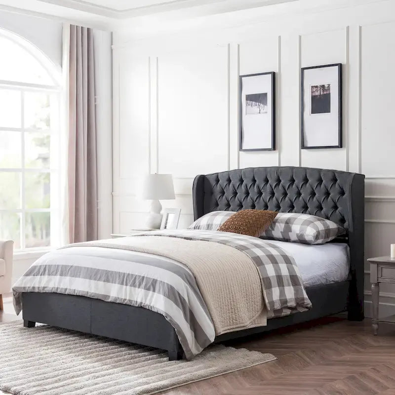 Cadre de lit Queen capitonné en tissu avec tête de lit incurvée Gris Ivoire