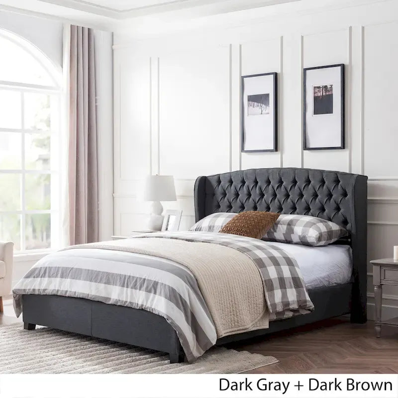 Cadre de lit Queen capitonné en tissu avec tête de lit incurvée Gris Ivoire