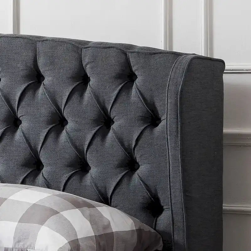 Cadre de lit Queen capitonné en tissu avec tête de lit incurvée Gris Ivoire