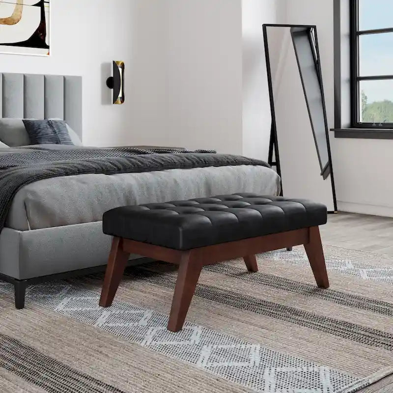 Banc ottoman rectangulaire capitonné en similicuir avec pieds en bois foncé, style milieu du siècle