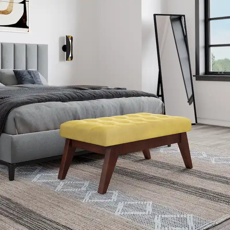 Banc ottoman rectangulaire capitonné en similicuir avec pieds en bois foncé, style milieu du siècle
