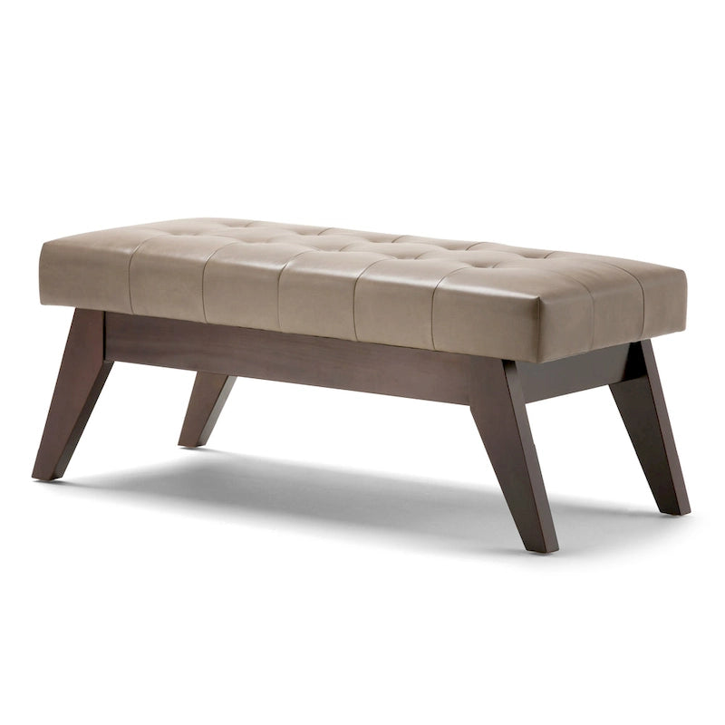 Banc ottoman rectangulaire capitonné en similicuir avec pieds en bois foncé, style milieu du siècle