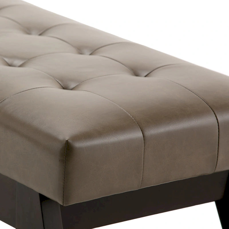 Banc ottoman rectangulaire capitonné en similicuir avec pieds en bois foncé, style milieu du siècle