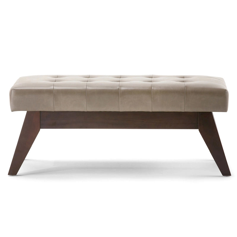Banc ottoman rectangulaire capitonné en similicuir avec pieds en bois foncé, style milieu du siècle
