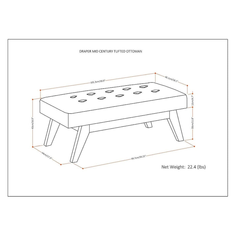 Banc ottoman rectangulaire capitonné en similicuir avec pieds en bois foncé, style milieu du siècle