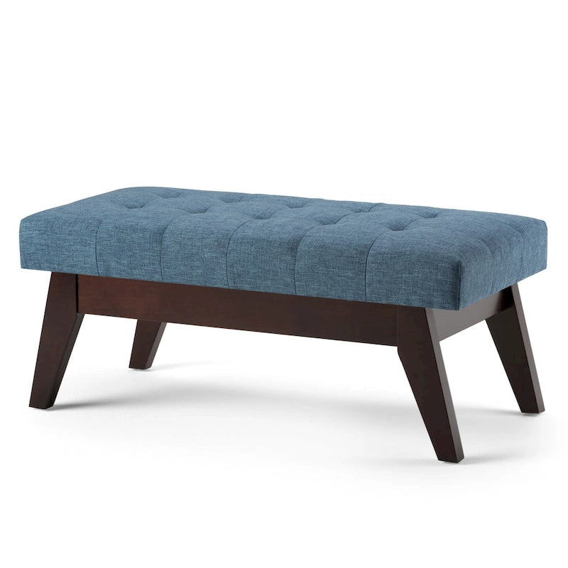 Banc ottoman rectangulaire capitonné en similicuir avec pieds en bois foncé, style milieu du siècle