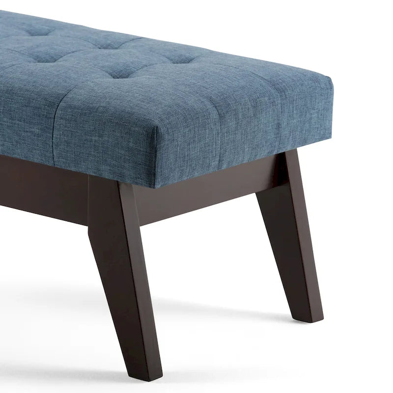 Banc ottoman rectangulaire capitonné en similicuir avec pieds en bois foncé, style milieu du siècle