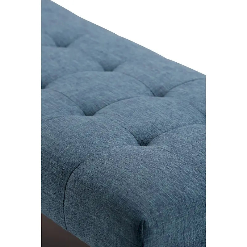 Banc ottoman rectangulaire capitonné en similicuir avec pieds en bois foncé, style milieu du siècle