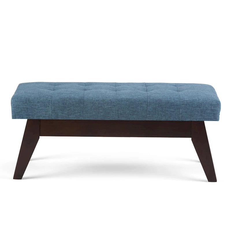 Banc ottoman rectangulaire capitonné en similicuir avec pieds en bois foncé, style milieu du siècle