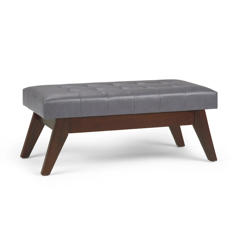 Banc ottoman rectangulaire capitonné en similicuir avec pieds en bois foncé, style milieu du siècle