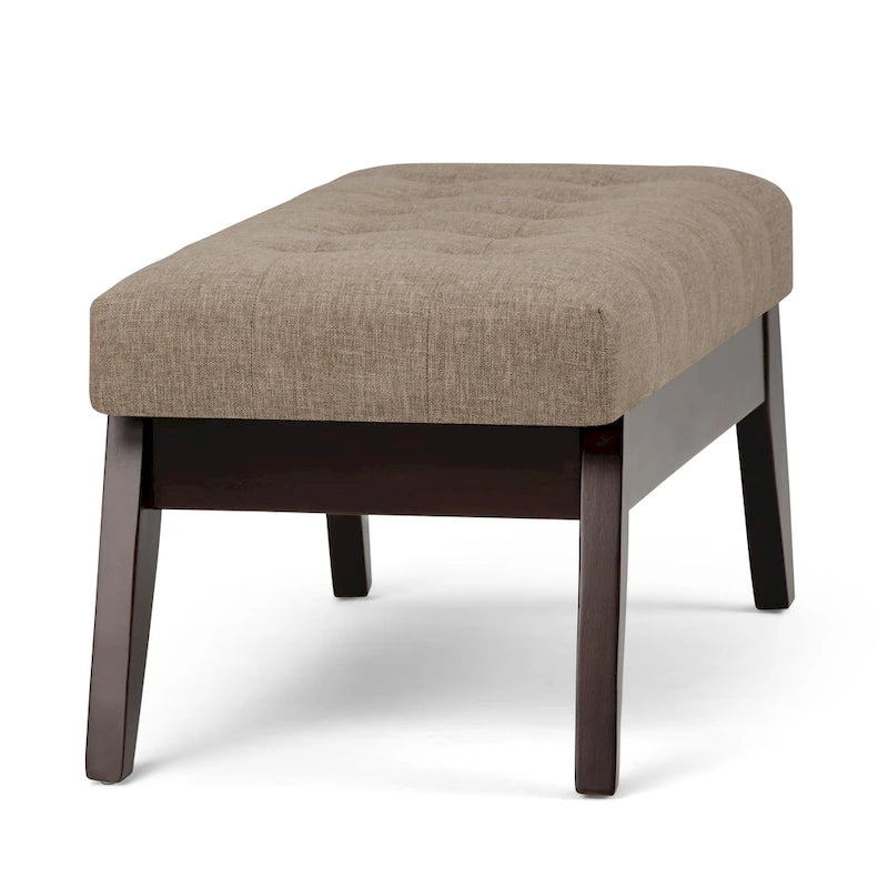 Banc ottoman rectangulaire capitonné en similicuir avec pieds en bois foncé, style milieu du siècle