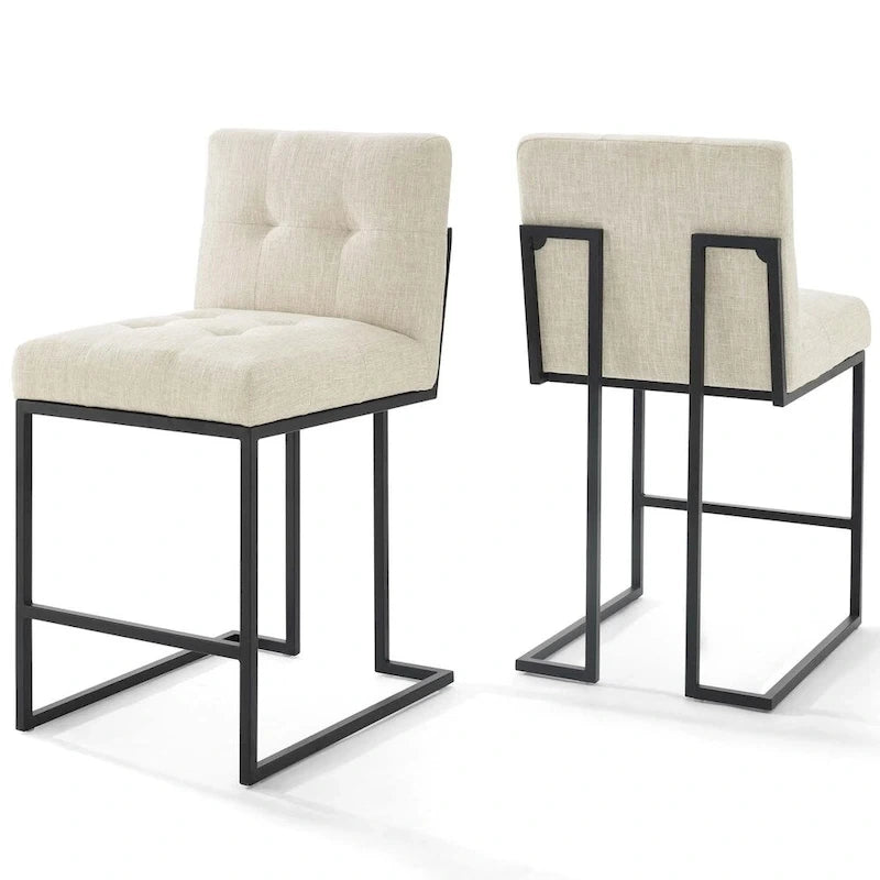 Tabouret de comptoir capitonné en tissu avec base en acier noir mat, beige