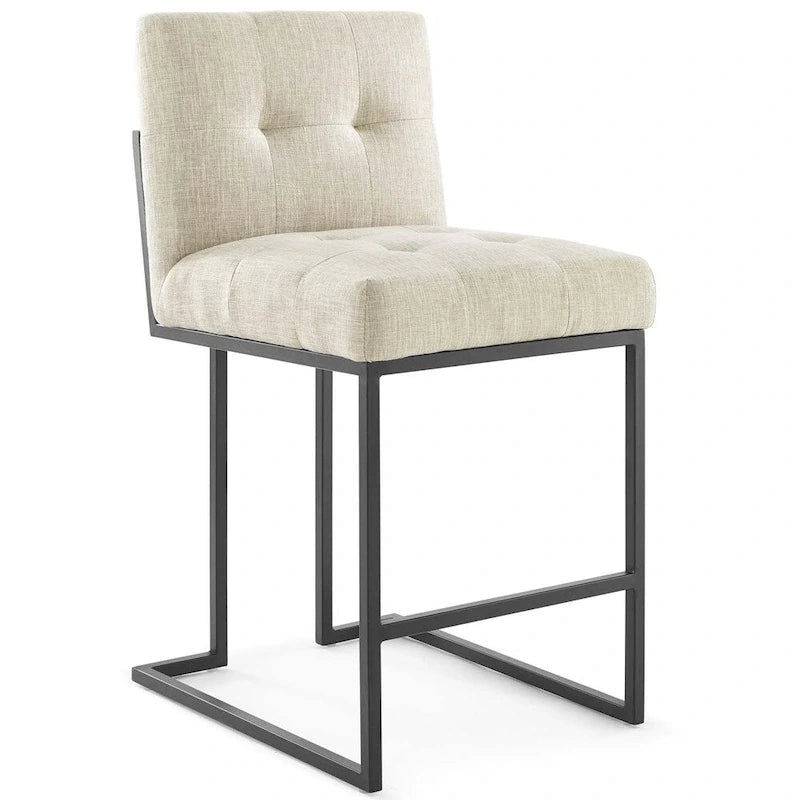 Tabouret de comptoir capitonné en tissu avec base en acier noir mat, beige