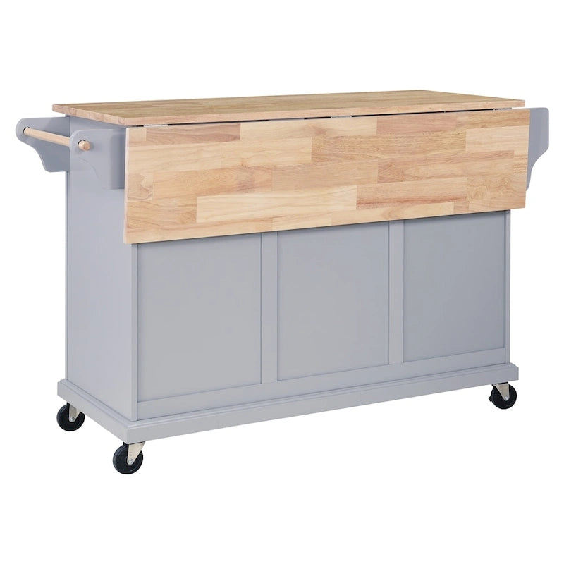 Îlot de cuisine roulant avec tiroirs, étagères de rangement, dessus en bois naturel, gris