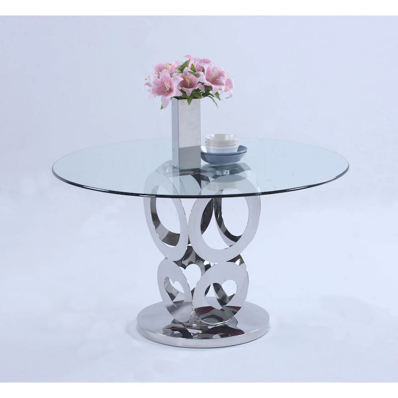Table de salle à manger ronde à plateau en verre clair trempé avec piétement cylindrique en acier à anneaux concentriques