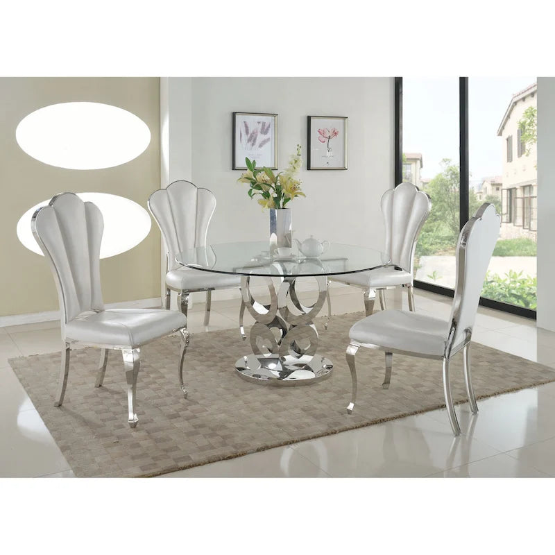 Table de salle à manger ronde à plateau en verre clair trempé avec piétement cylindrique en acier à anneaux concentriques