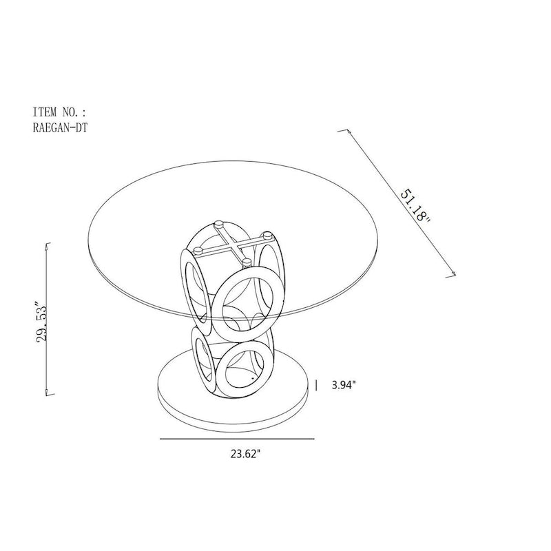 Table de salle à manger ronde à plateau en verre clair trempé avec piétement cylindrique en acier à anneaux concentriques