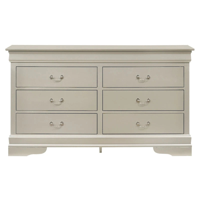 Commode classique à 6 tiroirs avec moulures incurvées et poignées métalliques