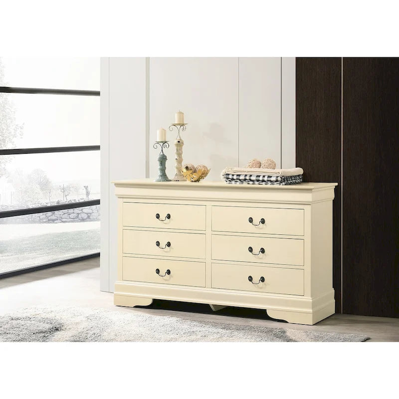 Commode classique à 6 tiroirs avec moulures incurvées et poignées métalliques