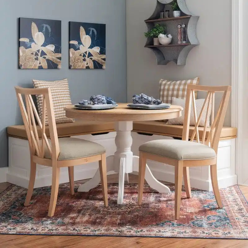Chaise de salle à manger latérale en lin beige rembourrée avec dossier croisé en bois naturel