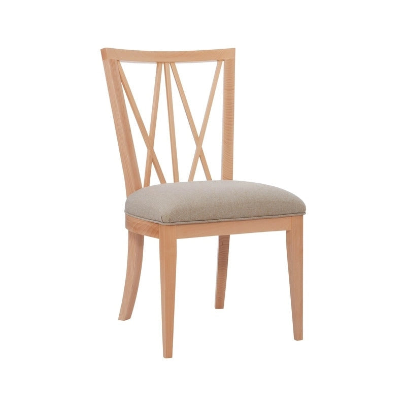 Chaise de salle à manger latérale en lin beige rembourrée avec dossier croisé en bois naturel
