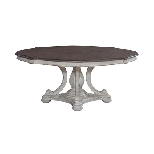 Table à manger ronde sur pied en trèfle, bois patiné blanc antique
