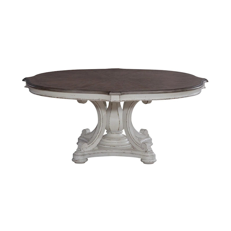 Table à manger ronde sur pied en trèfle, bois patiné blanc antique