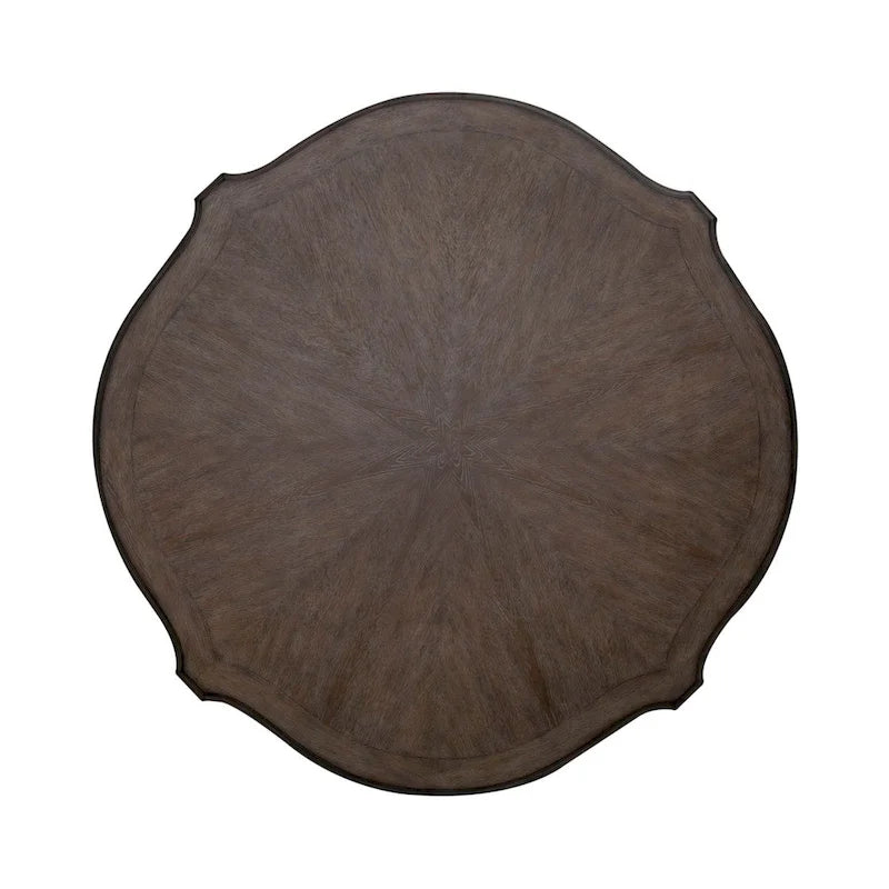 Table à manger ronde sur pied en trèfle, bois patiné blanc antique