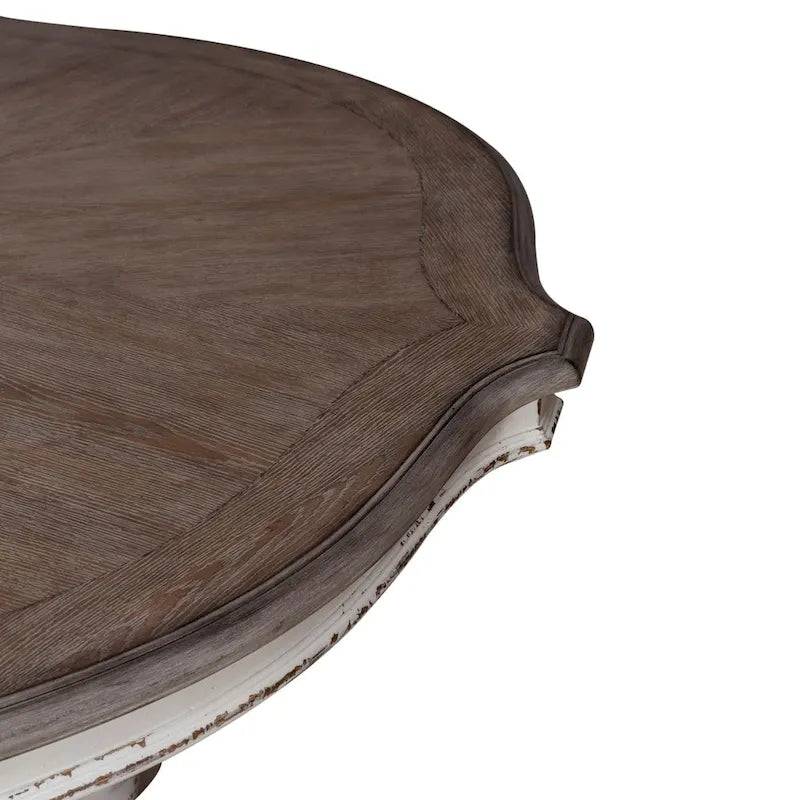Table à manger ronde sur pied en trèfle, bois patiné blanc antique