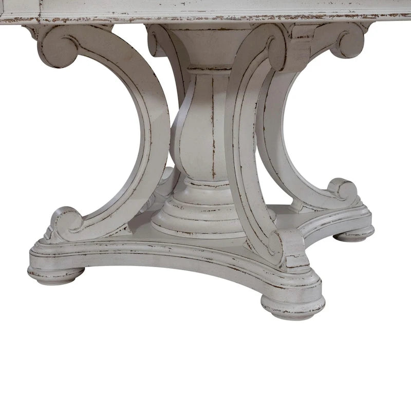 Table à manger ronde sur pied en trèfle, bois patiné blanc antique