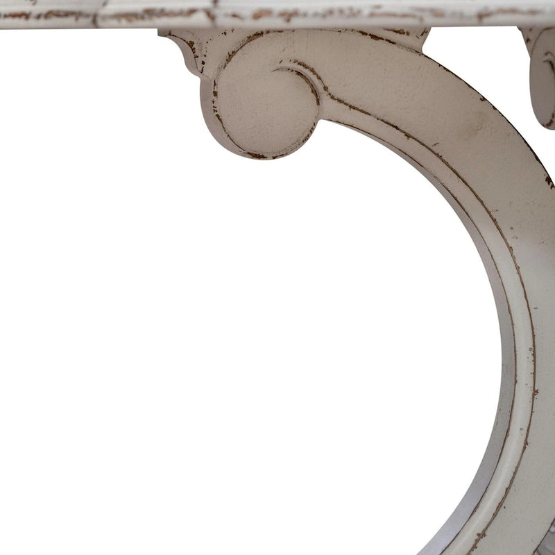 Table à manger ronde sur pied en trèfle, bois patiné blanc antique