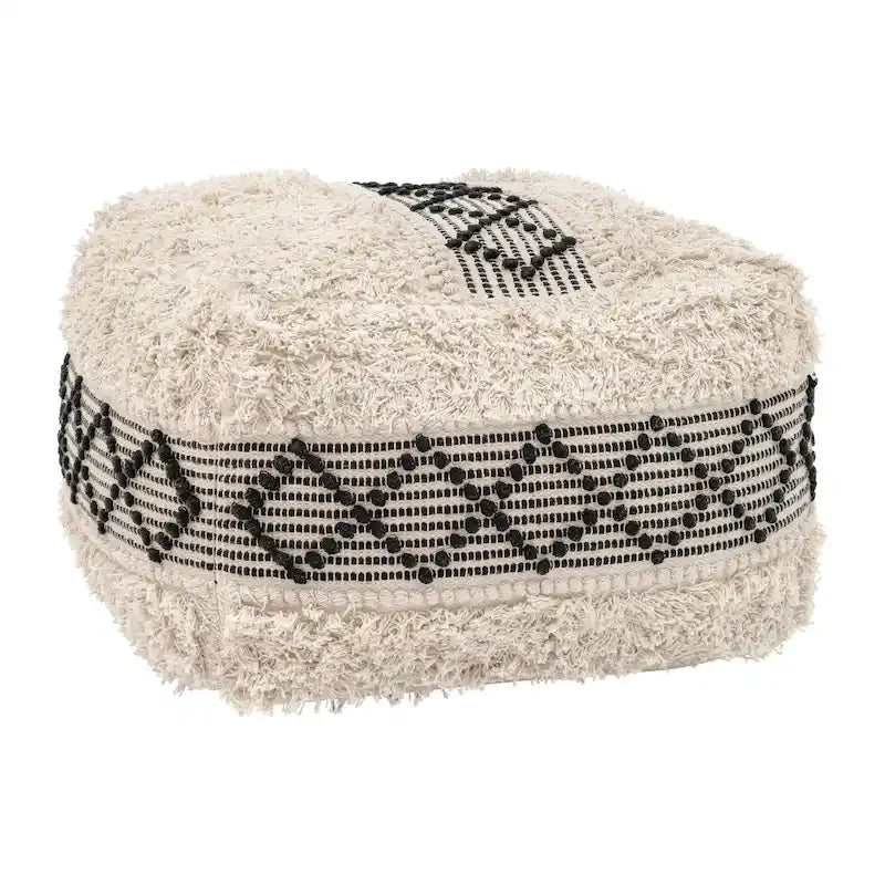 Pouf ottoman carré en coton tressé bohème repose-pieds beige noir