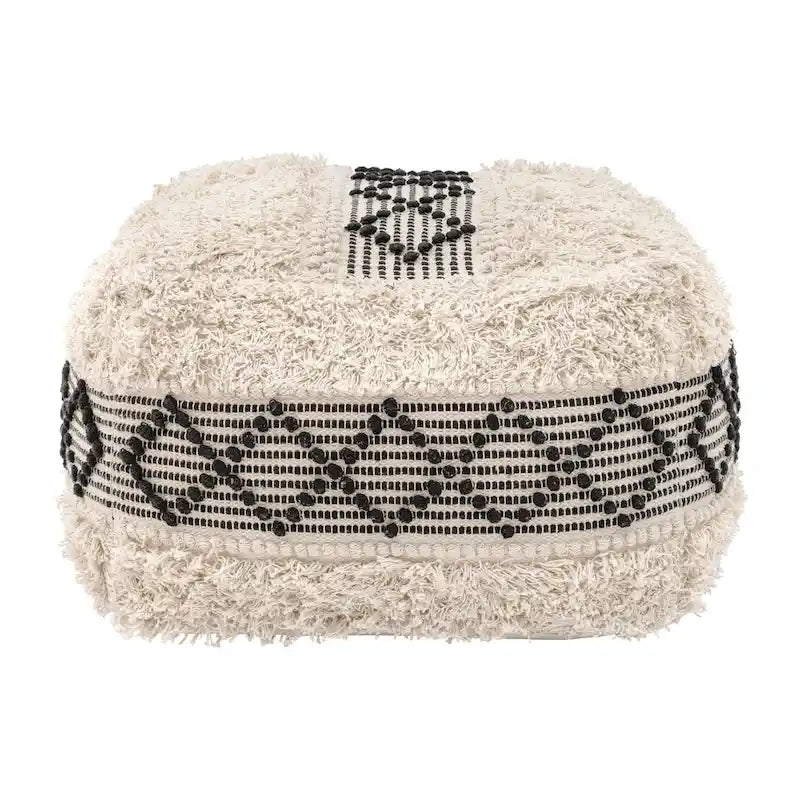 Pouf ottoman carré en coton tressé bohème repose-pieds beige noir