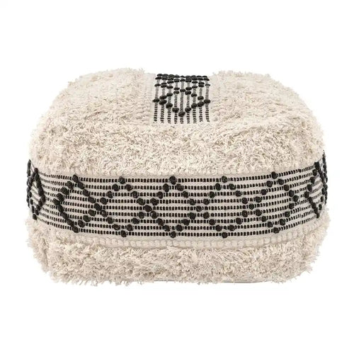 Pouf ottoman carré en coton tressé bohème repose-pieds beige noir