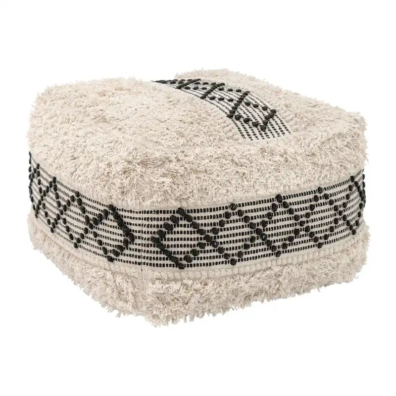 Pouf ottoman carré en coton tressé bohème repose-pieds beige noir