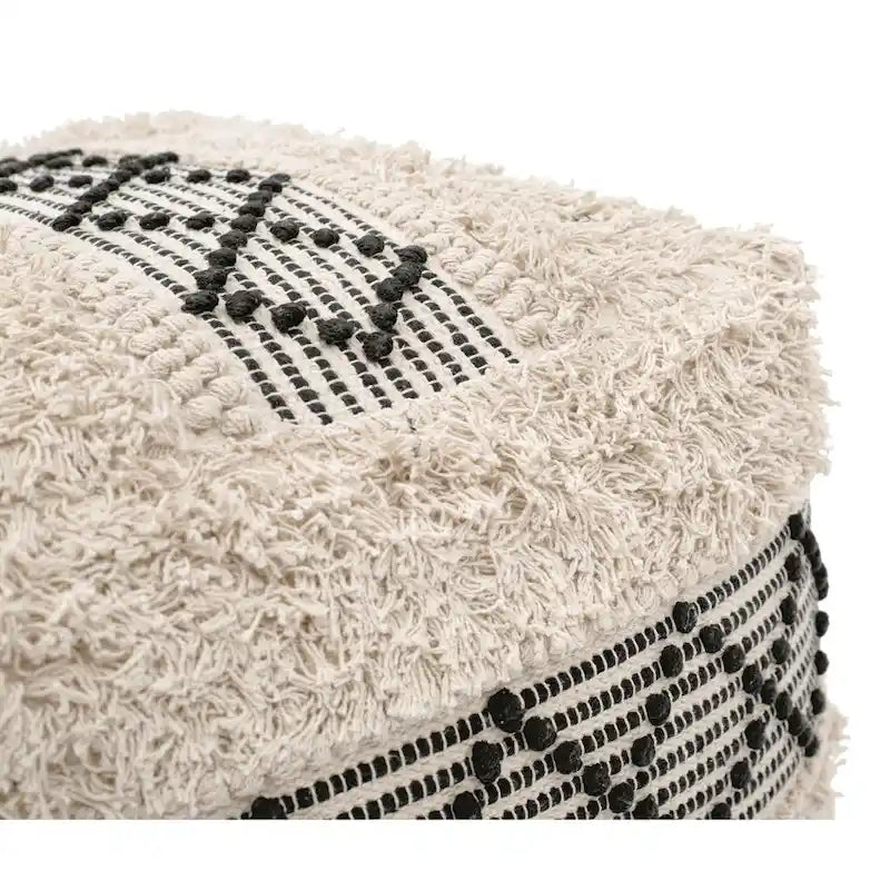 Pouf ottoman carré en coton tressé bohème repose-pieds beige noir