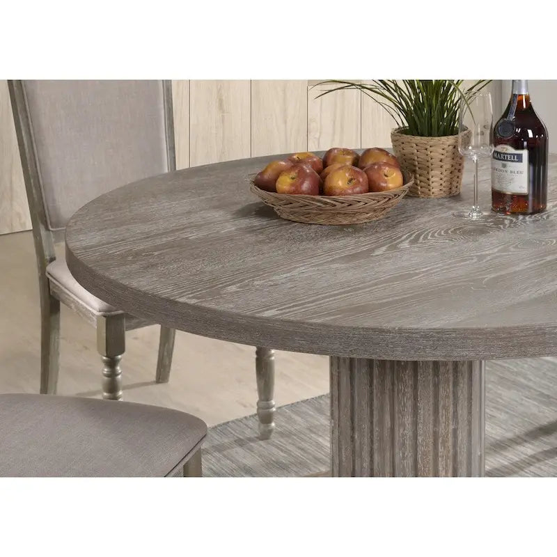 Table de salle à manger sur pied en bois de récupération gris rond, finition vieillie