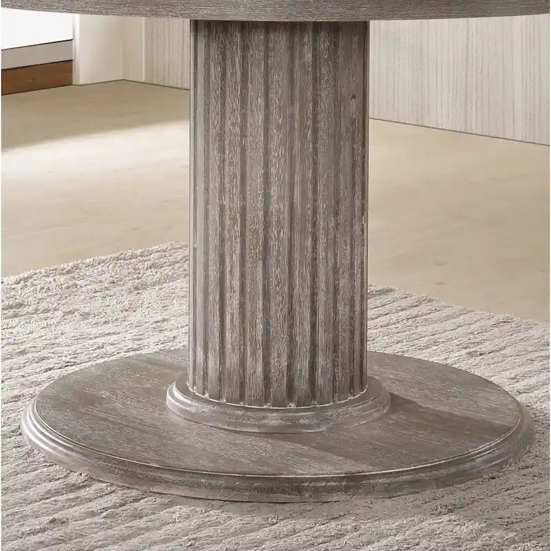 Table de salle à manger sur pied en bois de récupération gris rond, finition vieillie