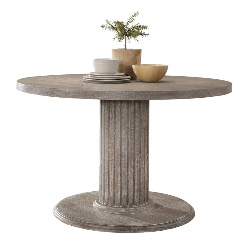 Table de salle à manger sur pied en bois de récupération gris rond, finition vieillie