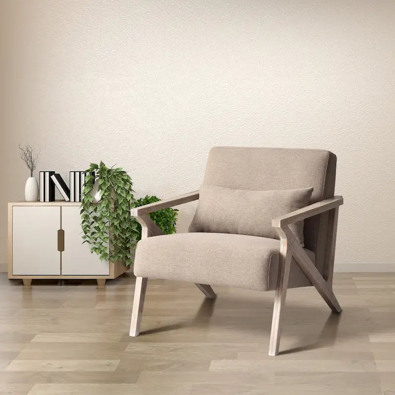Fauteuil d'appoint rembourré, cadre en bois style mid-century avec coussin lombaire, plusieurs coloris