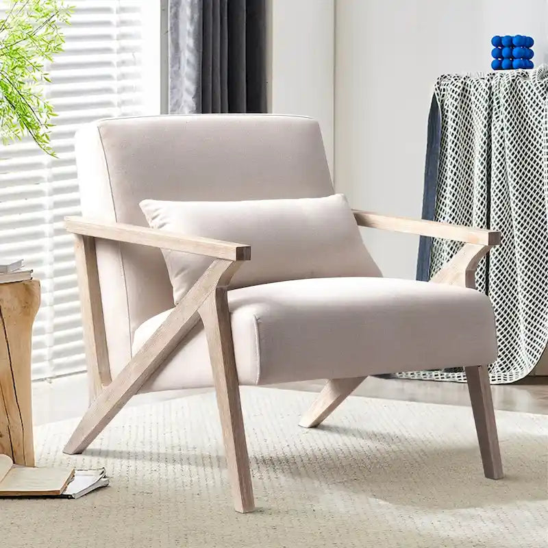Fauteuil d'appoint rembourré, cadre en bois style mid-century avec coussin lombaire, plusieurs coloris
