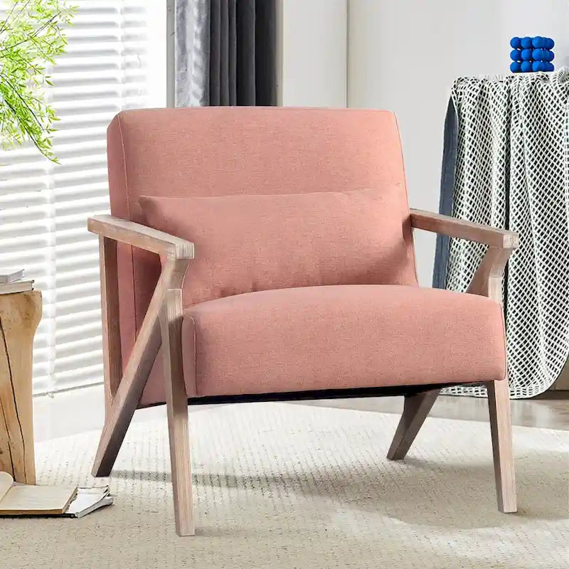 Fauteuil d'appoint rembourré, cadre en bois style mid-century avec coussin lombaire, plusieurs coloris