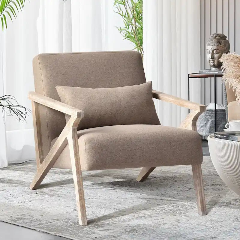 Fauteuil d'appoint rembourré, cadre en bois style mid-century avec coussin lombaire, plusieurs coloris